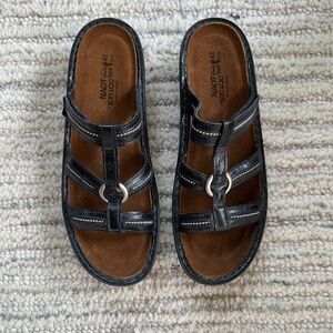 NAOT Brasilia Black Gloss Leather Sandals, size 11